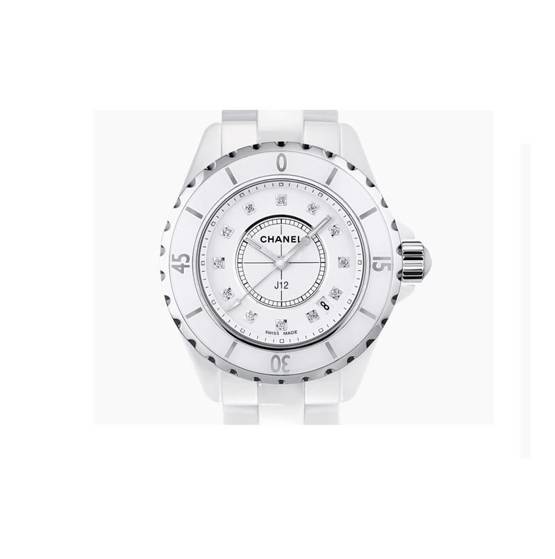 White ceramic case with a white ceramic bracelet. Unidirectional rotating steel bezel with a white ceramic inlay. White dial with luminous hands and diamond hour markers. Minute markers around the outer rim. Dial Type: Analog. Luminescent hands.