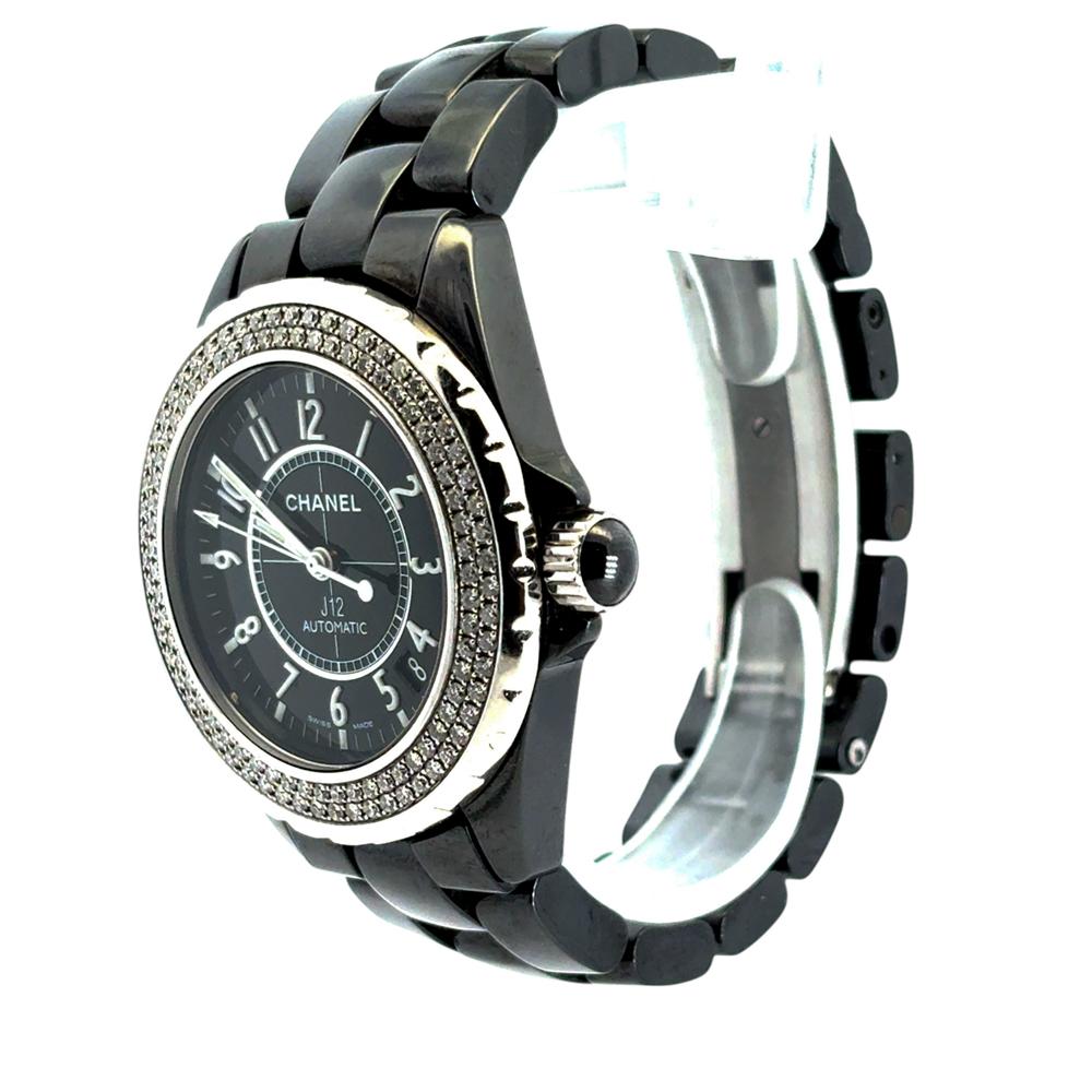 Chanel J12 H0950 Ceramic Watch with 2 Row Diamond Bezel and Black Dial For Sale 7