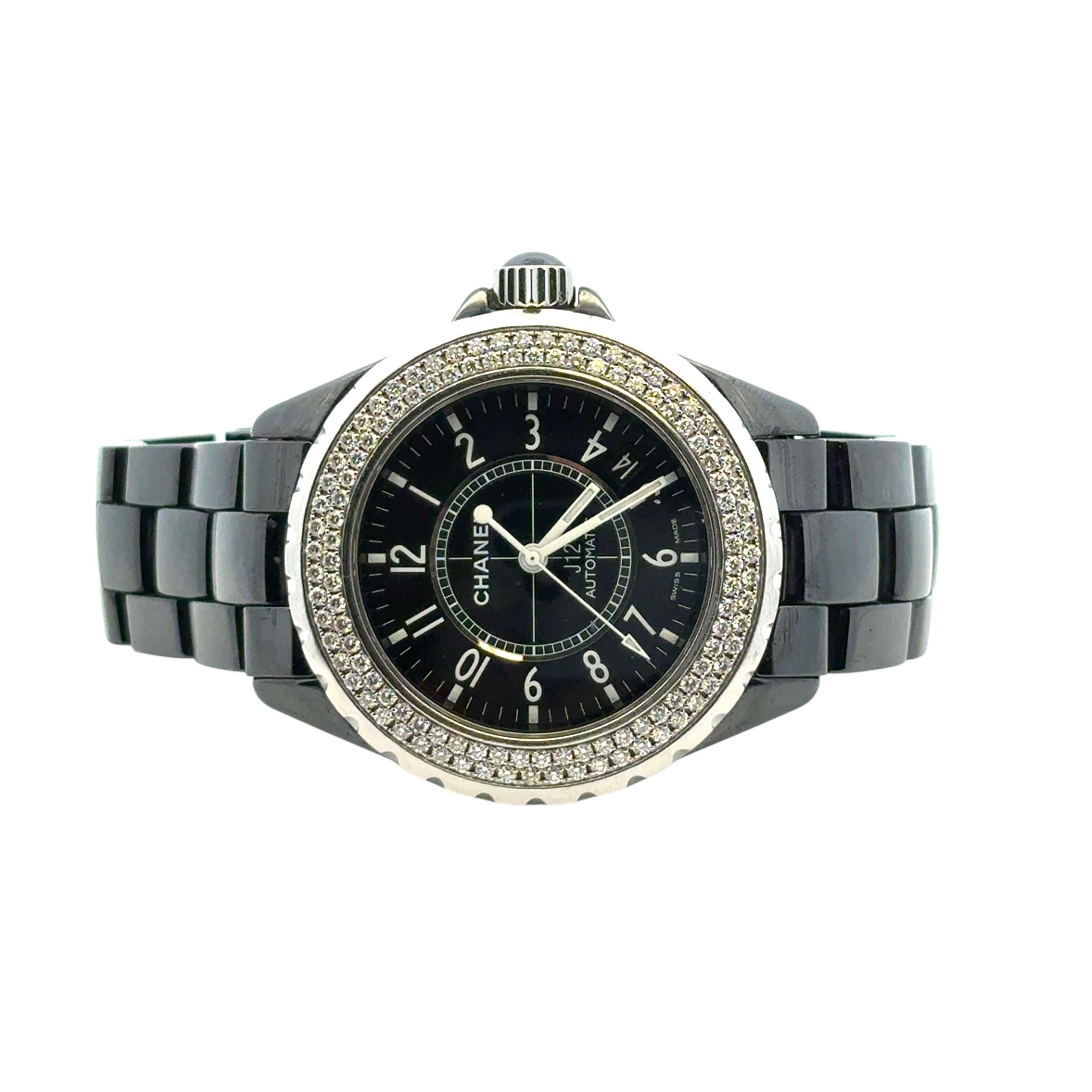 Montre Chanel J12 H0950 en céramique avec lunette à 2 rangs de diamants et cadran noir en vente 4