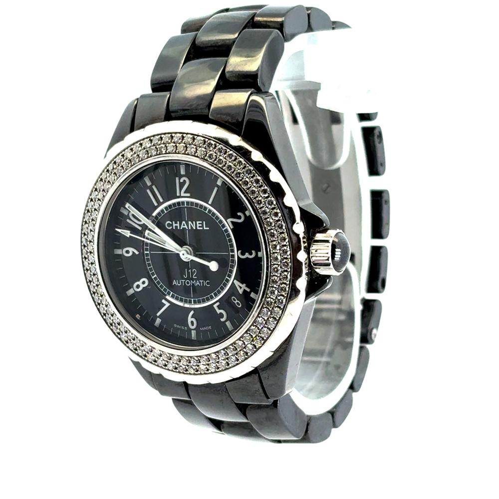 Chanel J12 H0950 Ceramic Watch with 2 Row Diamond Bezel and Black Dial For Sale 8