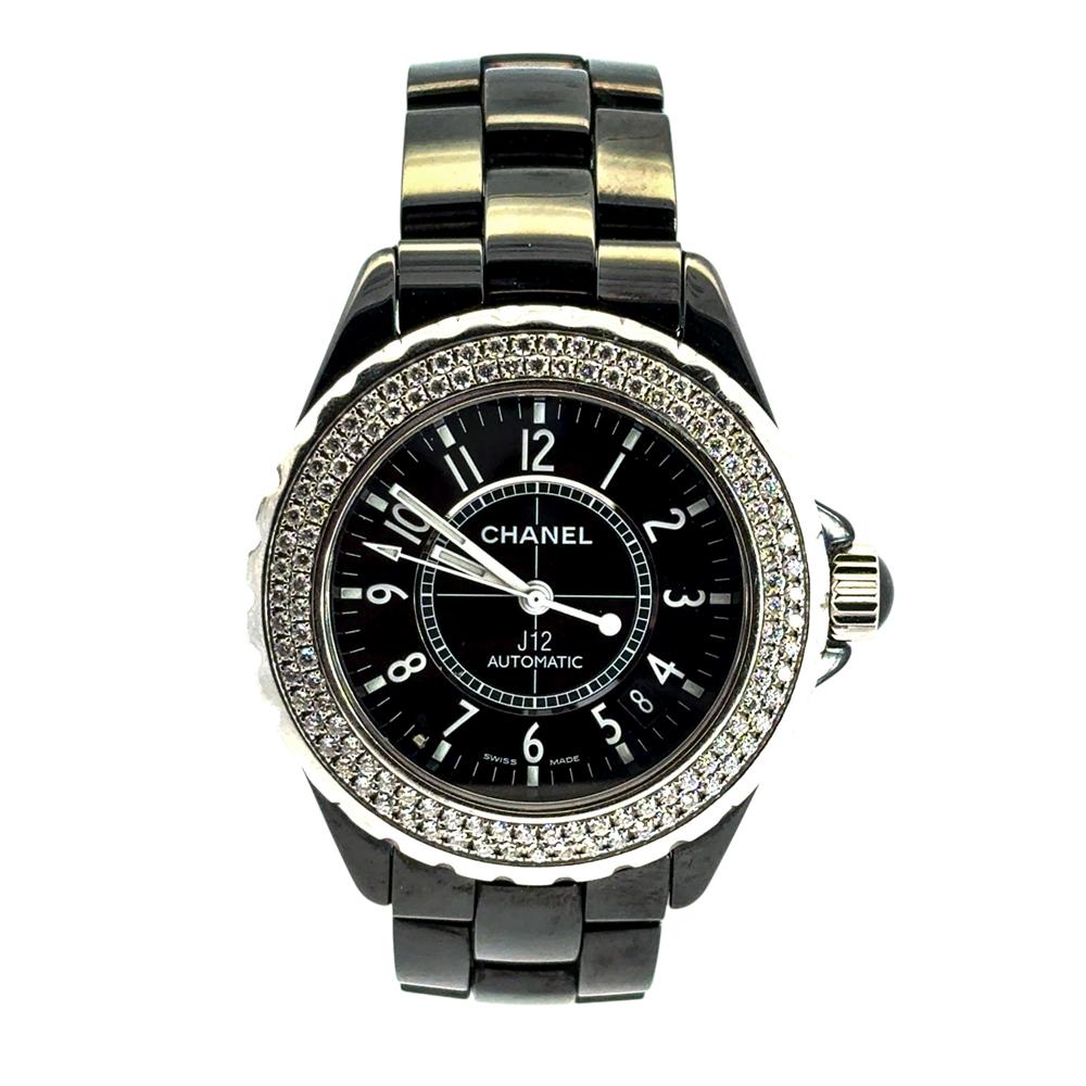 Chanel J12 H0950 Ceramic Watch with 2 Row Diamond Bezel and Black Dial For Sale 9