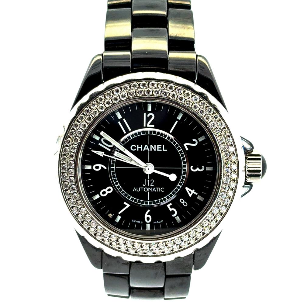 Chanel J12 H0950 Ceramic Watch with 2 Row Diamond Bezel and Black Dial For Sale 11
