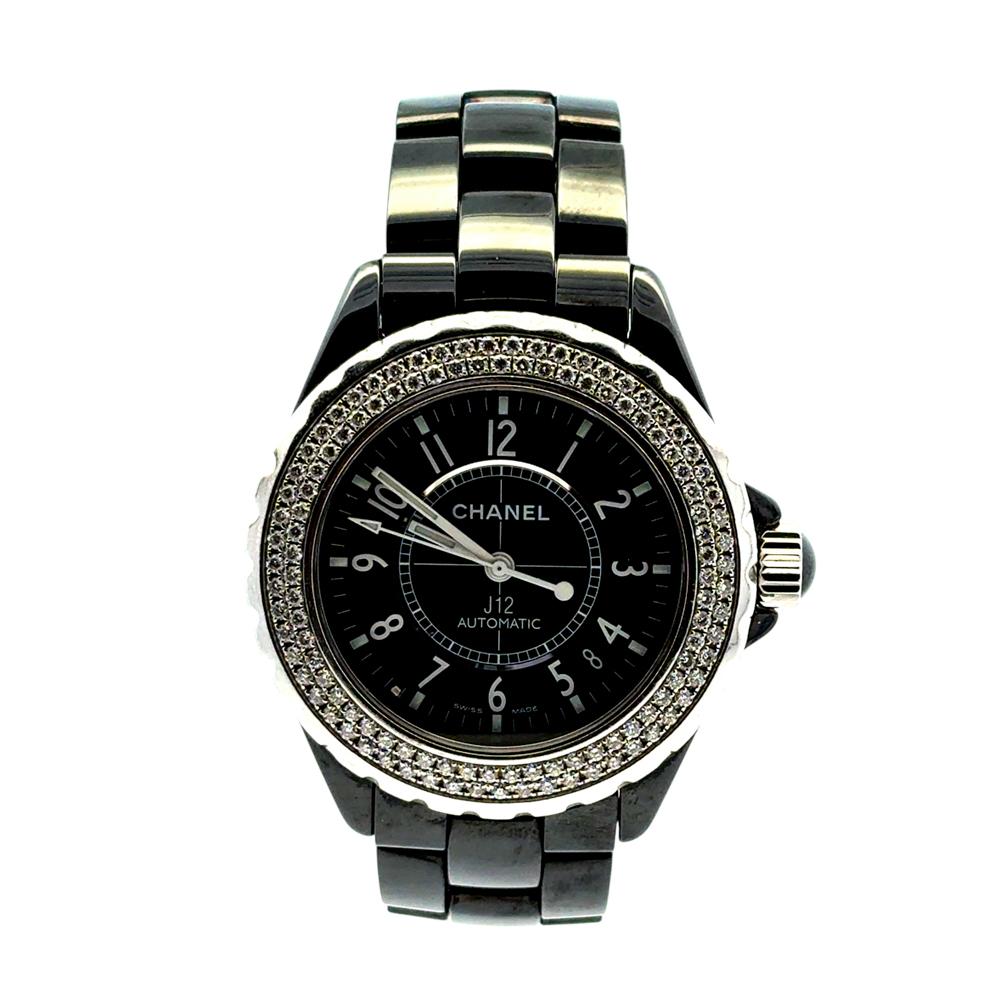 Modern Chanel J12 H0950 Ceramic Watch with 2 Row Diamond Bezel and Black Dial For Sale