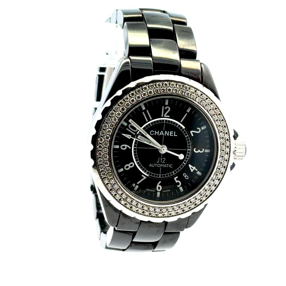 Round Cut Chanel J12 H0950 Ceramic Watch with 2 Row Diamond Bezel and Black Dial For Sale