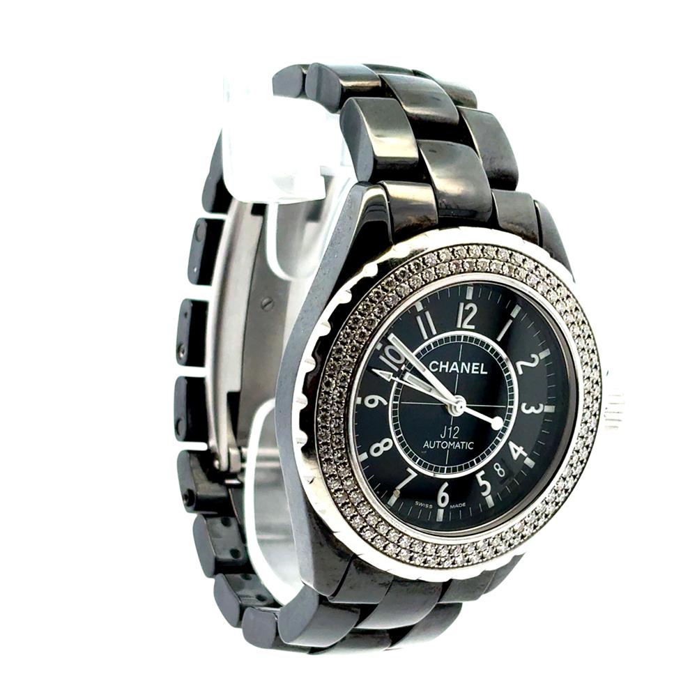 Chanel J12 H0950 Ceramic Watch with 2 Row Diamond Bezel and Black Dial In Excellent Condition For Sale In Boca Raton, FL