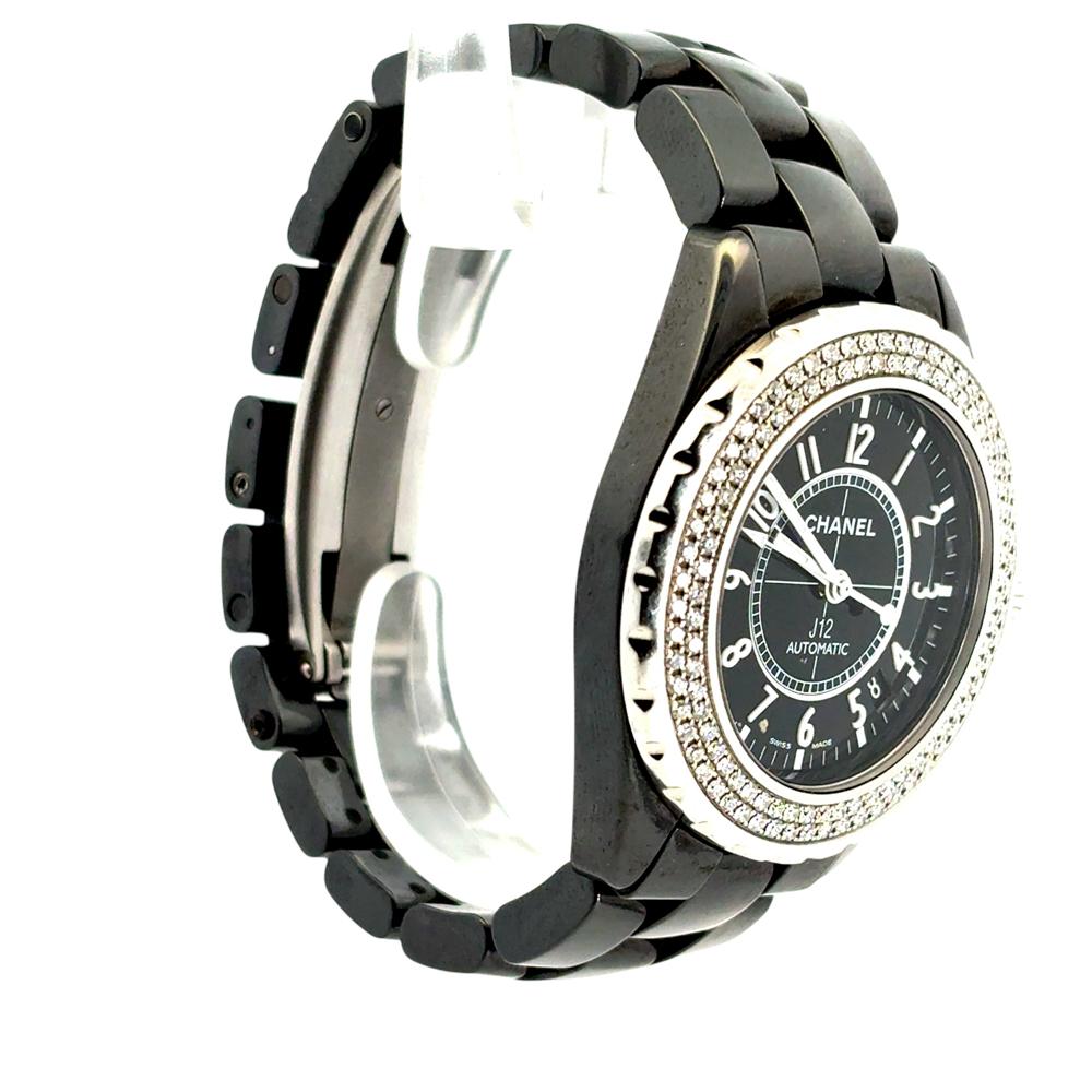 Women's or Men's Chanel J12 H0950 Ceramic Watch with 2 Row Diamond Bezel and Black Dial For Sale