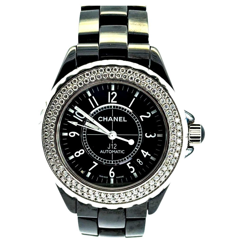 Chanel J12 H0950 Ceramic Watch with 2 Row Diamond Bezel and Black Dial