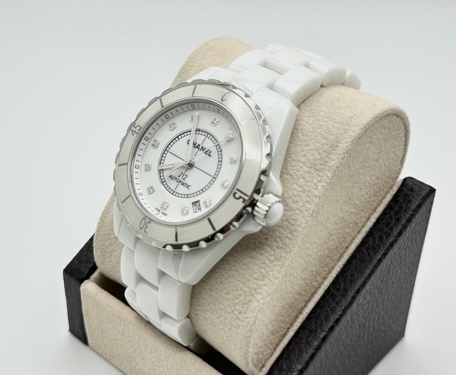 Round Cut CHANEL J12 H1629 38mm White Ceramic White Diamond Dial For Sale