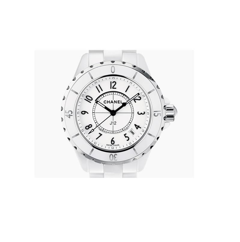White ceramic case with a white ceramic bracelet. Unidirectional rotating steel rimmed white ceramic bezel. White dial with luminous hands and Arabic numeral hour markers. Minute markers around the outer rim. Dial Type: Analog. Luminescent hands and