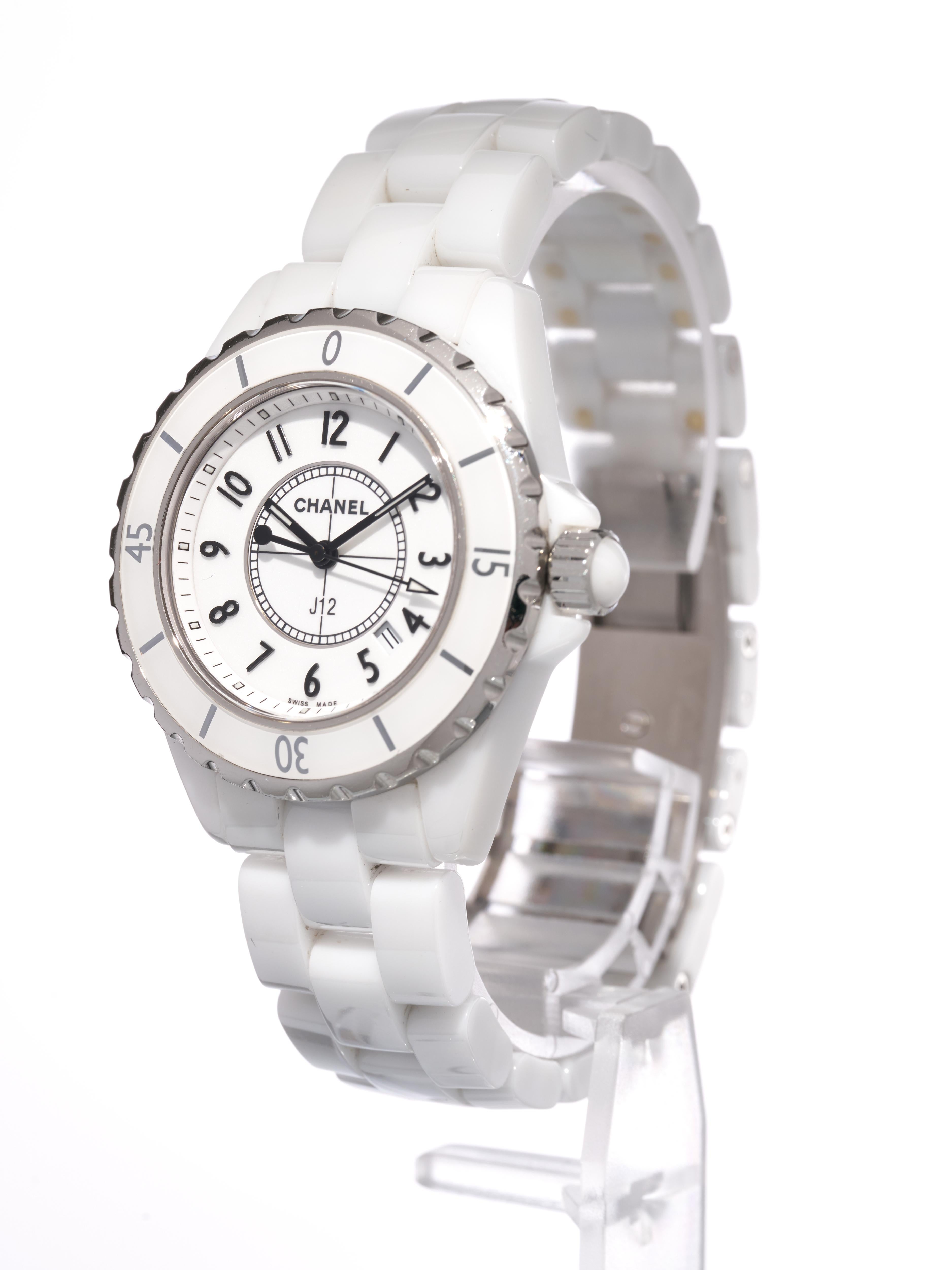 Fork In Time is proud to offer on the 1st Dibs marketplace:

Chanel J12 
White Ceramic 

Quartz Ladies Watch

Case Size 33mm 

Reference  H0968

Circa 2010

The watch is in excellent condition and is presented on a full bracelet 

Presented in its