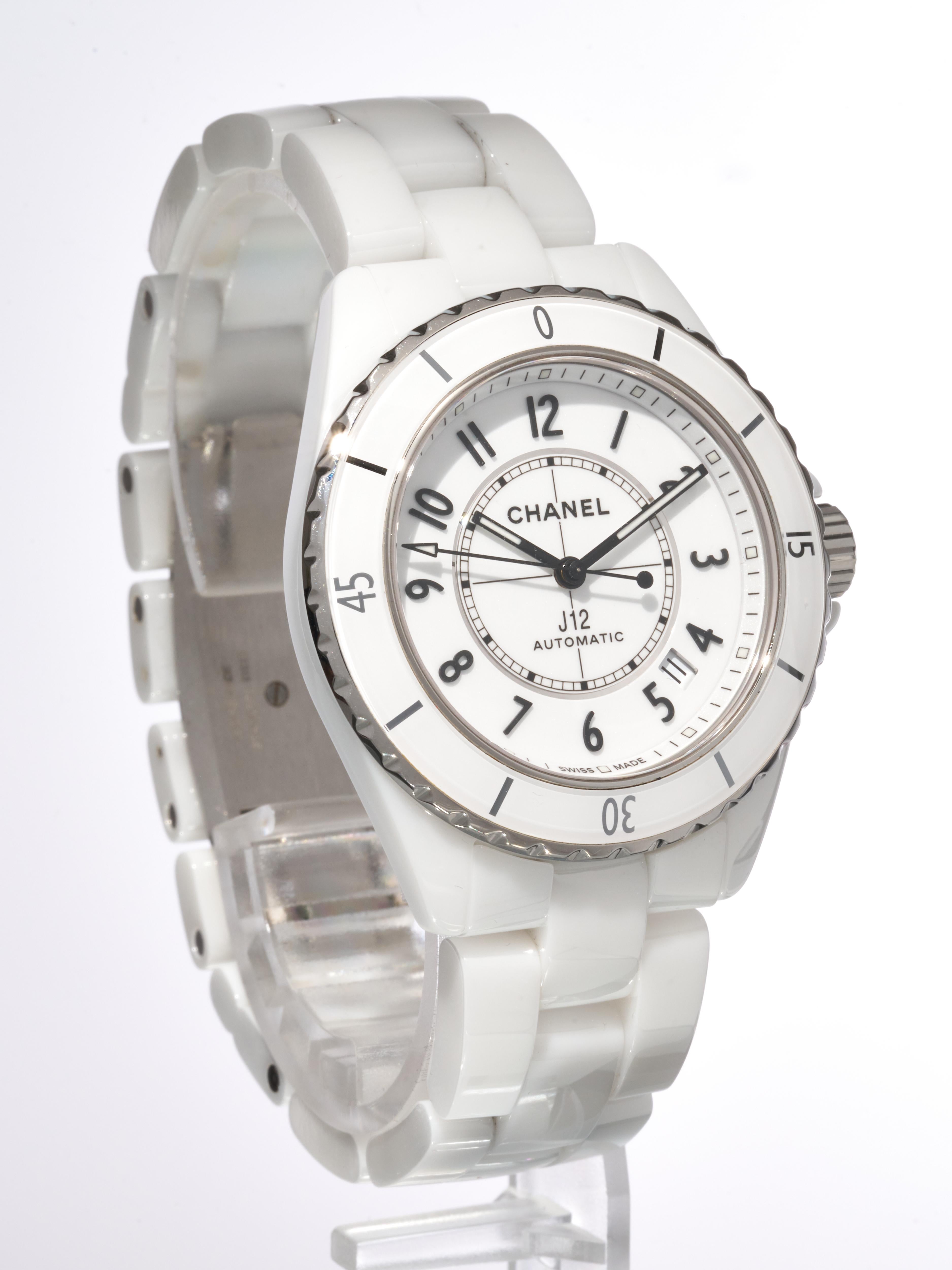Fork In Time is proud to offer on the 1st Dibs marketplace:


Chanel 
J12 
White Ceramic Case & Bracelet

38mm Wide Case [42mm With Crown]
12.5mm Thickness (maximum)

Automatic
Calibre 12.1

Exhibition Case Back

Reference H5700  
RRP £6900


Watch
