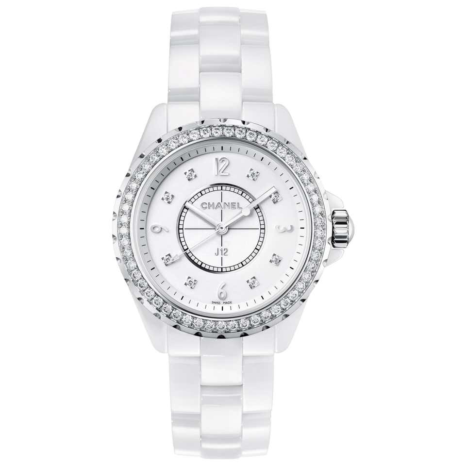 Chanel J12 Classic White Ceramic Pink Sapphire Bezel Ladies Watch H1337 ...