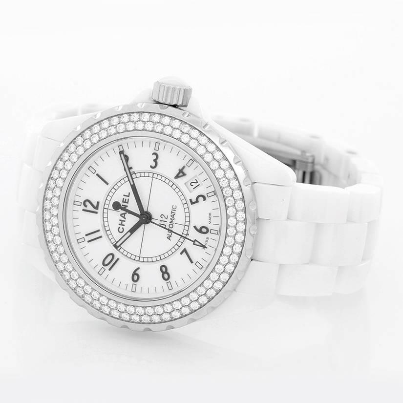 Chanel White Ceramic Diamond J12 Automatic Wristwatch Ref H0969 In Excellent Condition In Dallas, TX
