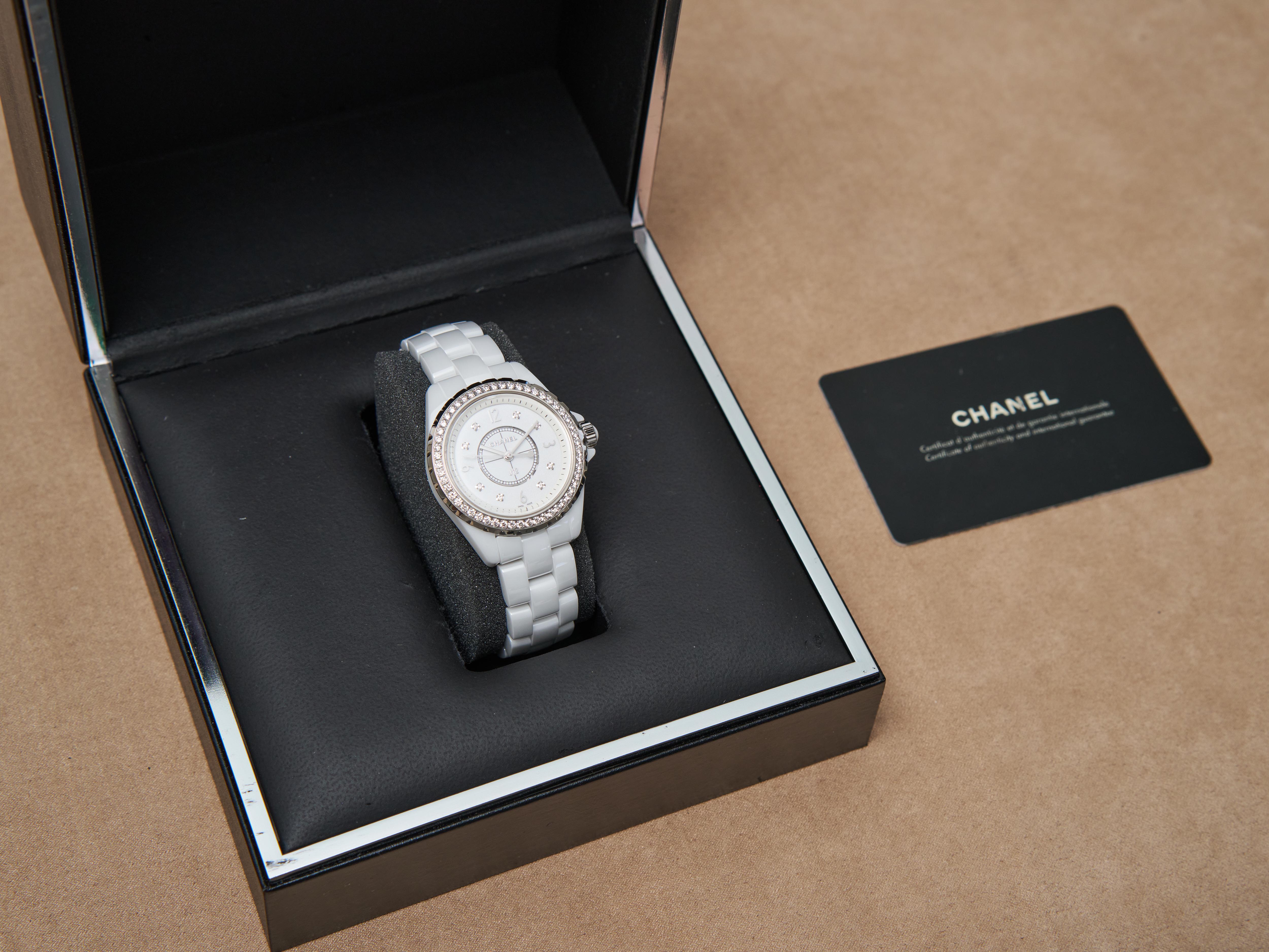 Chanel J12 White Ceramic Diamond Bezel 33mm H3110 Quartz Box Papers For Sale 14