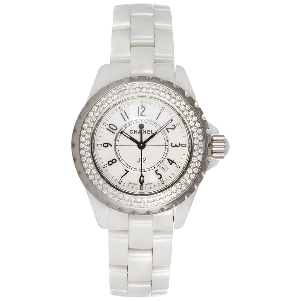 Chanel J12 White Ceramic Diamond Bezel Ladies Quartz Watch H0967 BNP