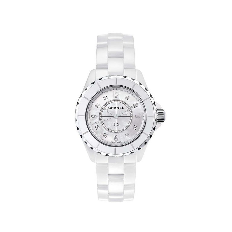Chanel Lady's White Ceramic J12 Automatic Wristwatch with Diamond Bezel