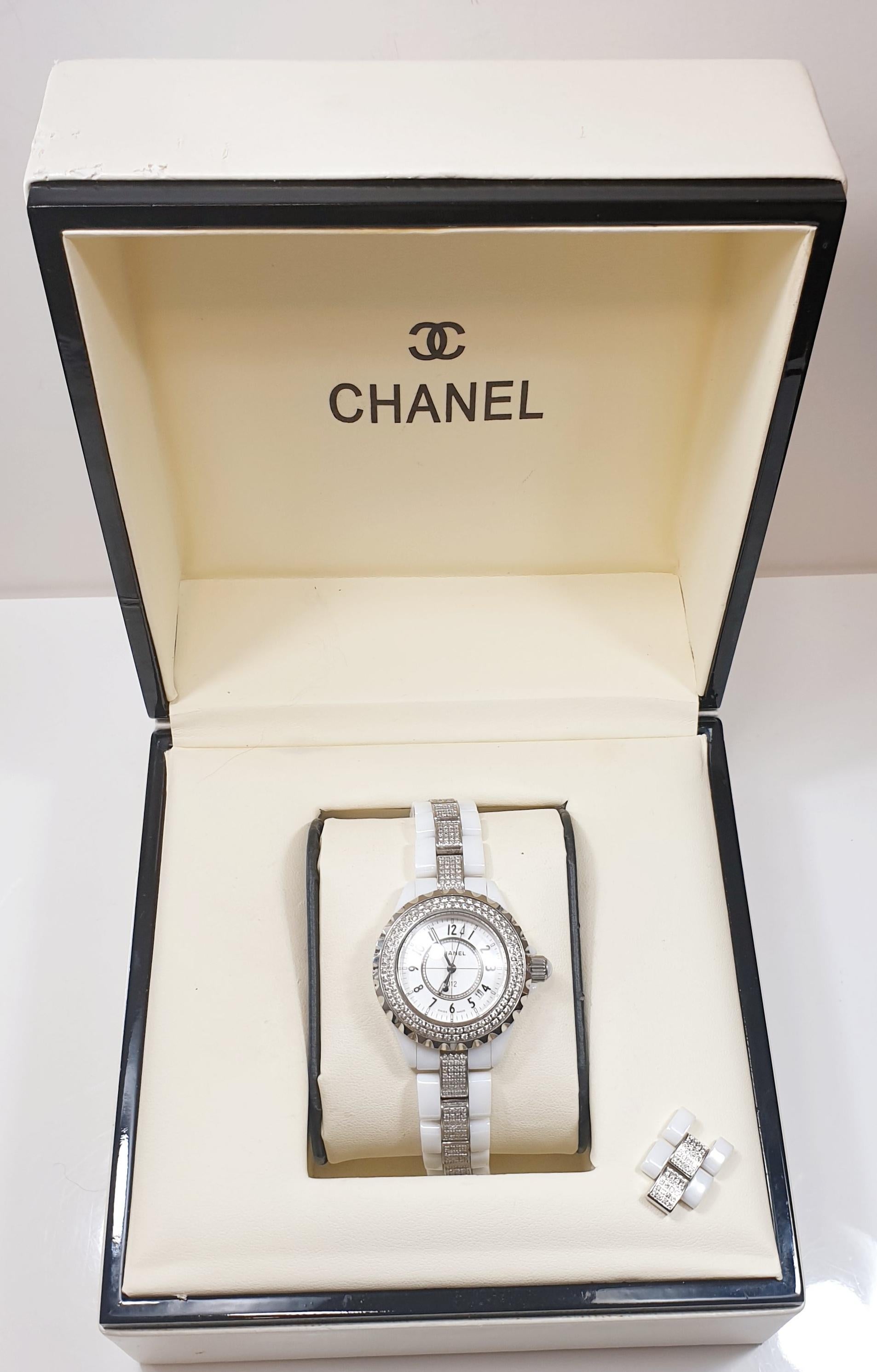 Chanel J12 White Ceramic Lady Diamonds bezel and watch armis  with original case 1