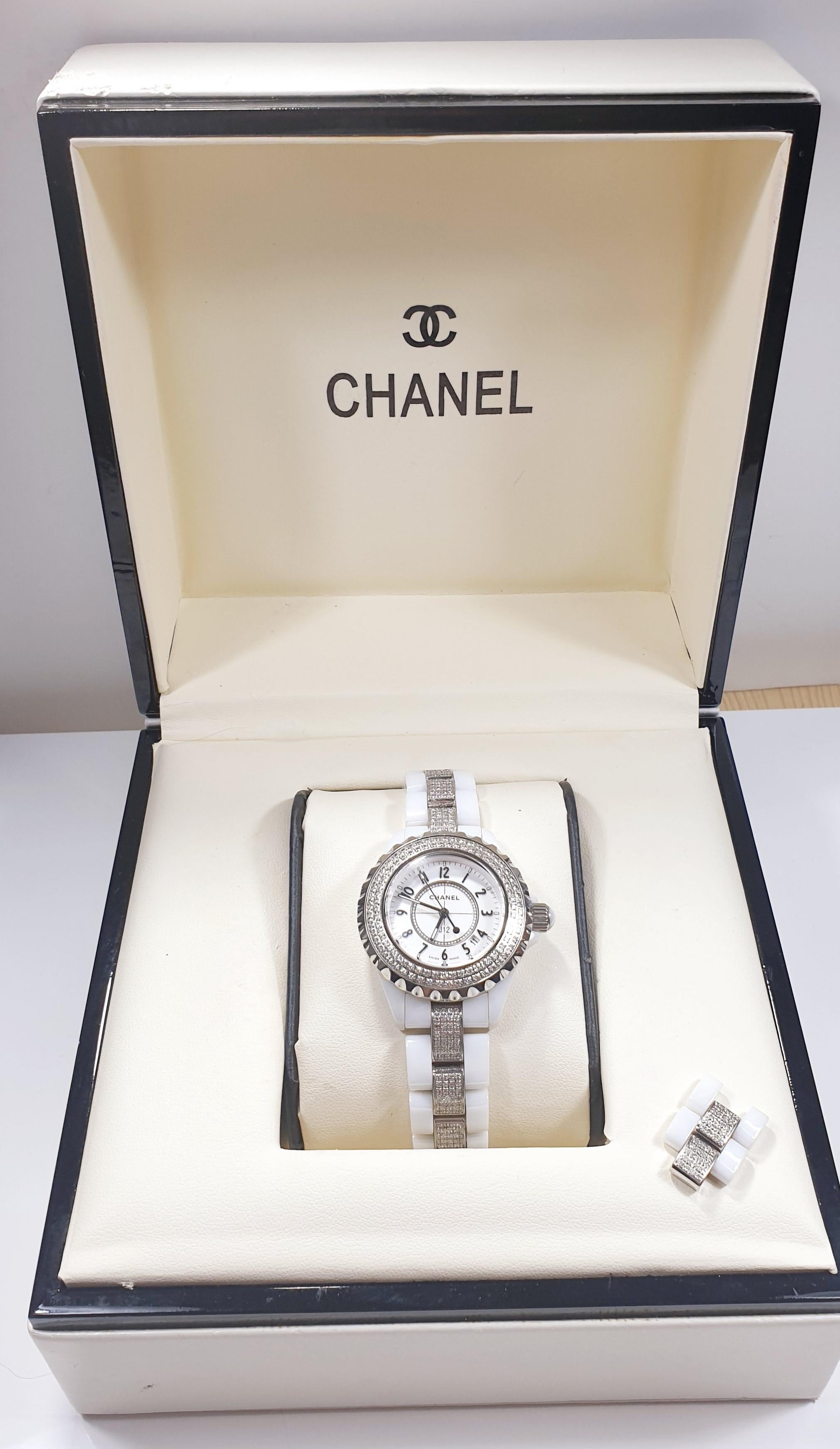 Men's Chanel J12 White Ceramic Lady Diamonds bezel and watch armis  with original case
