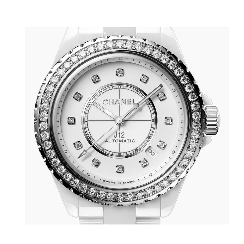 Materials
White ceramic
Steel
Diamond
Case
White highly resistant ceramic and steel case
Bezel
Steel fixed bezel set with 50 brilliant-cut diamonds (~1.51 carat)
Dial
White-lacquered dial set with 12 diamond indicators (~0.09 carat)
Crown
Steel non