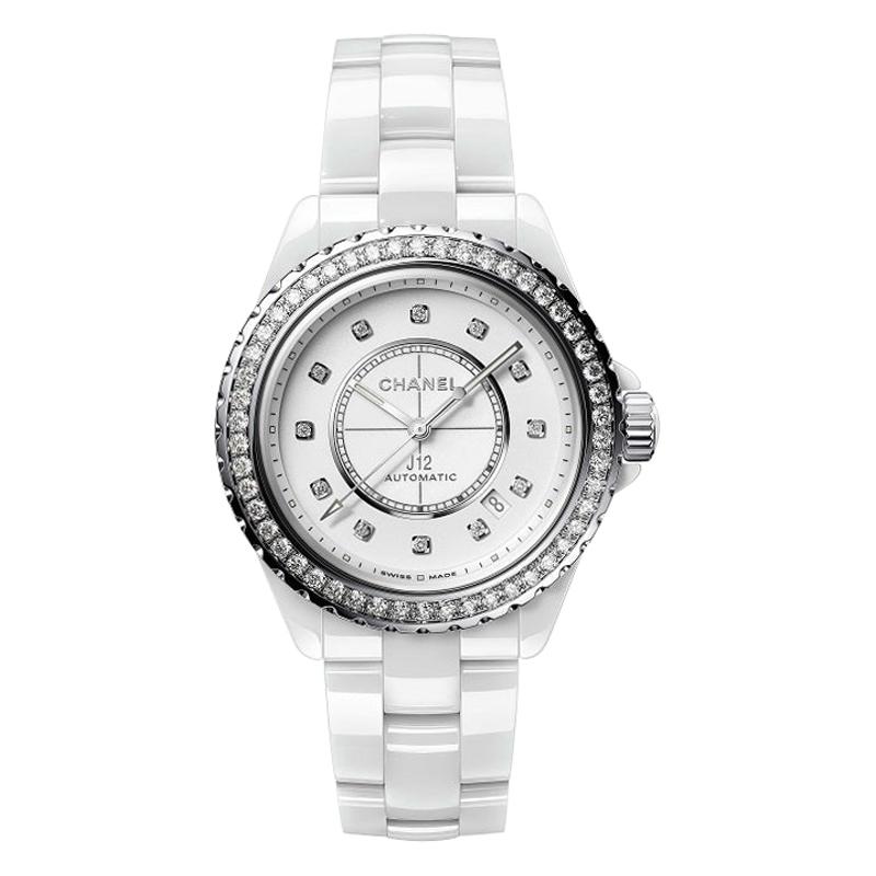 Chanel J12 Weiß Damen Diamant Lünette Uhr H7189 im Angebot