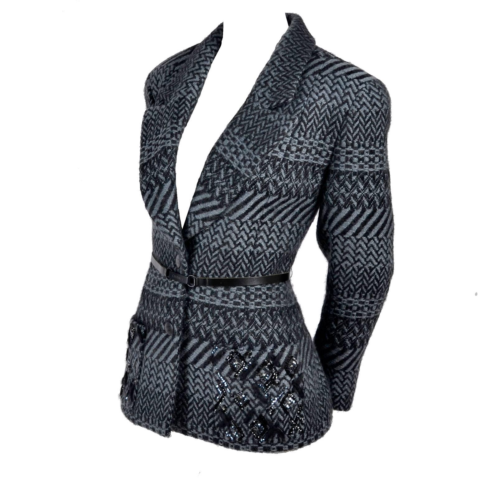Chanel Jacke 2000 Wollblazer mit Gürteltaschen:: Pailletten und Strass-CC-Knöpfen Damen