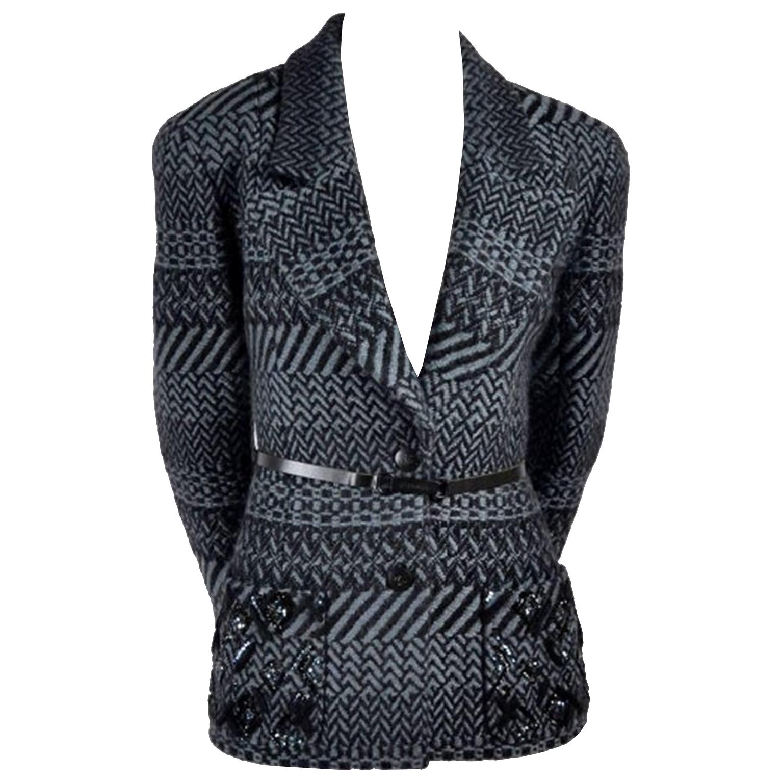 Chanel Jacket 2000 Wool Blazer w/ Belt Pockets Sequins & Rhinestone CC Buttons