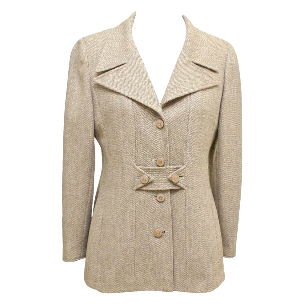 CHANEL Jacket Blazer Beige Wool Blend Gold HW Long Sleeve 36 Vintage 96A