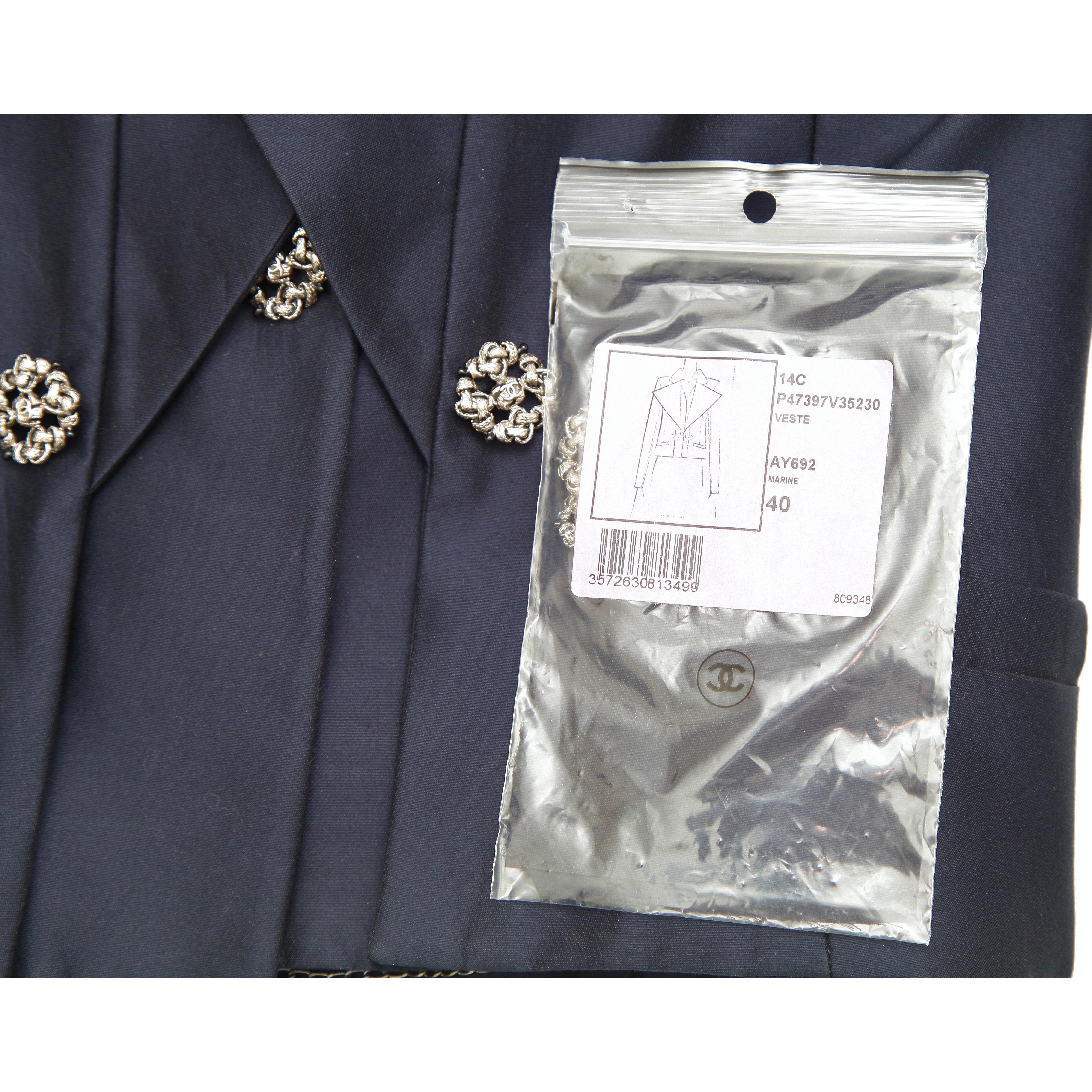 CHANEL Jacket Blazer Coat Navy Blue Silver Chain Long Sleeve Sz 40 2014 14C For Sale 8