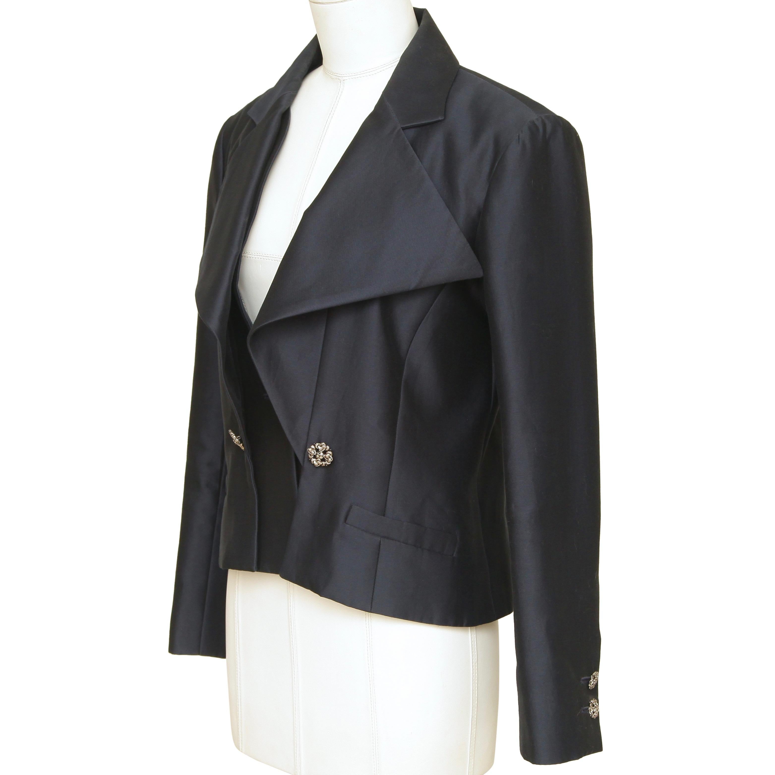 Black CHANEL Jacket Blazer Coat Navy Blue Silver Chain Long Sleeve Sz 40 2014 14C For Sale