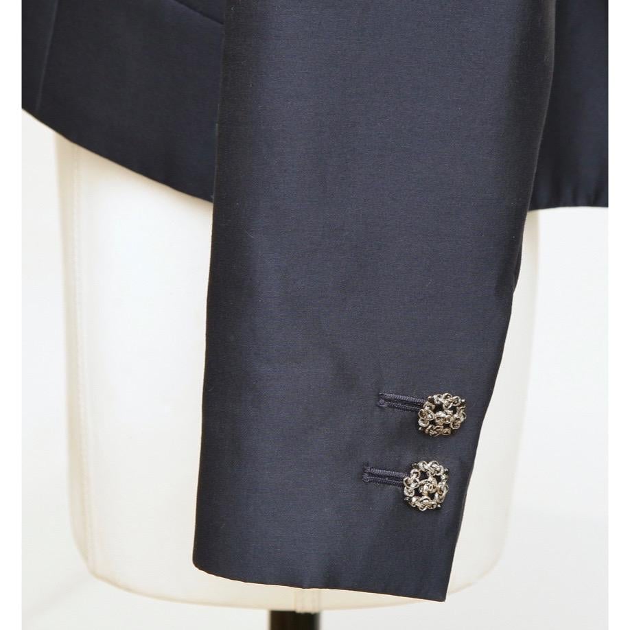 CHANEL Jacket Blazer Coat Navy Blue Silver Chain Long Sleeve Sz 40 2014 14C In Fair Condition For Sale In Hollywood, FL