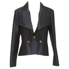 CHANEL Jacket Blazer Coat Navy Blue Silver Chain Long Sleeve Sz 40 2014 14C