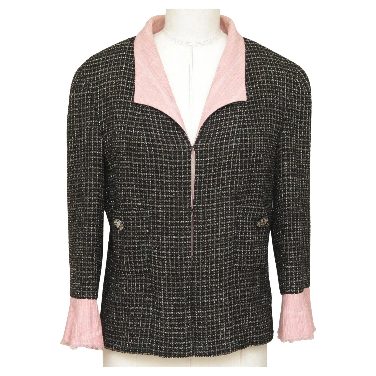 CHANEL Jacket Blazer Coat Tweed Black Iridescent Pink Gripoix Button Sz 40 2012 For Sale