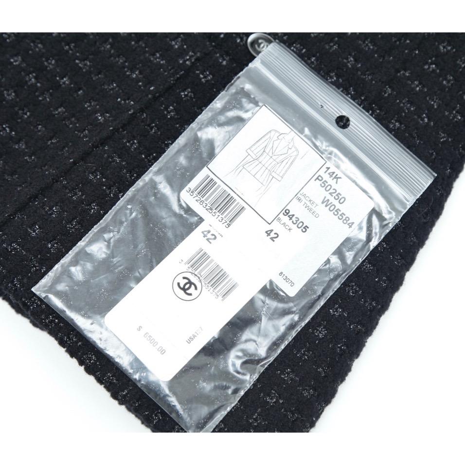 CHANEL Jacket Blazer Coat Tweed Black MetaIlic Leather Silver Chain Sz 42 2014 C For Sale 6