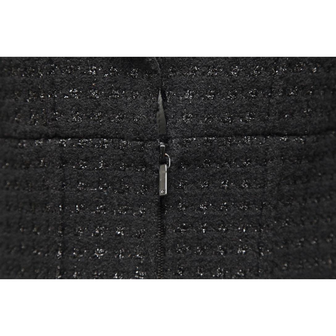 Women's CHANEL Jacket Blazer Coat Tweed Black MetaIlic Leather Silver Chain Sz 42 2014 C For Sale