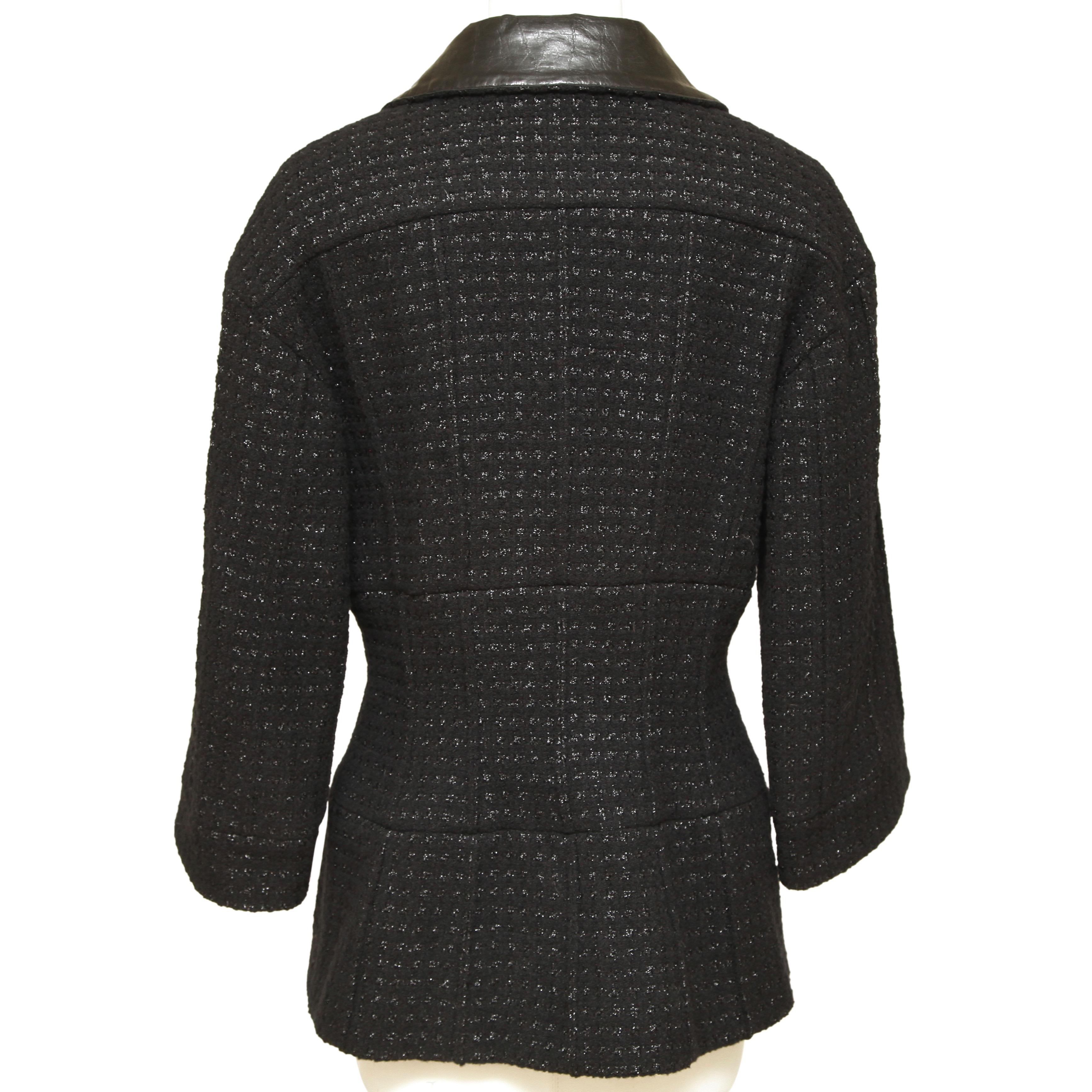 CHANEL Jacket Blazer Coat Tweed Black MetaIlic Leather Silver Chain Sz 42 2014 C For Sale 1