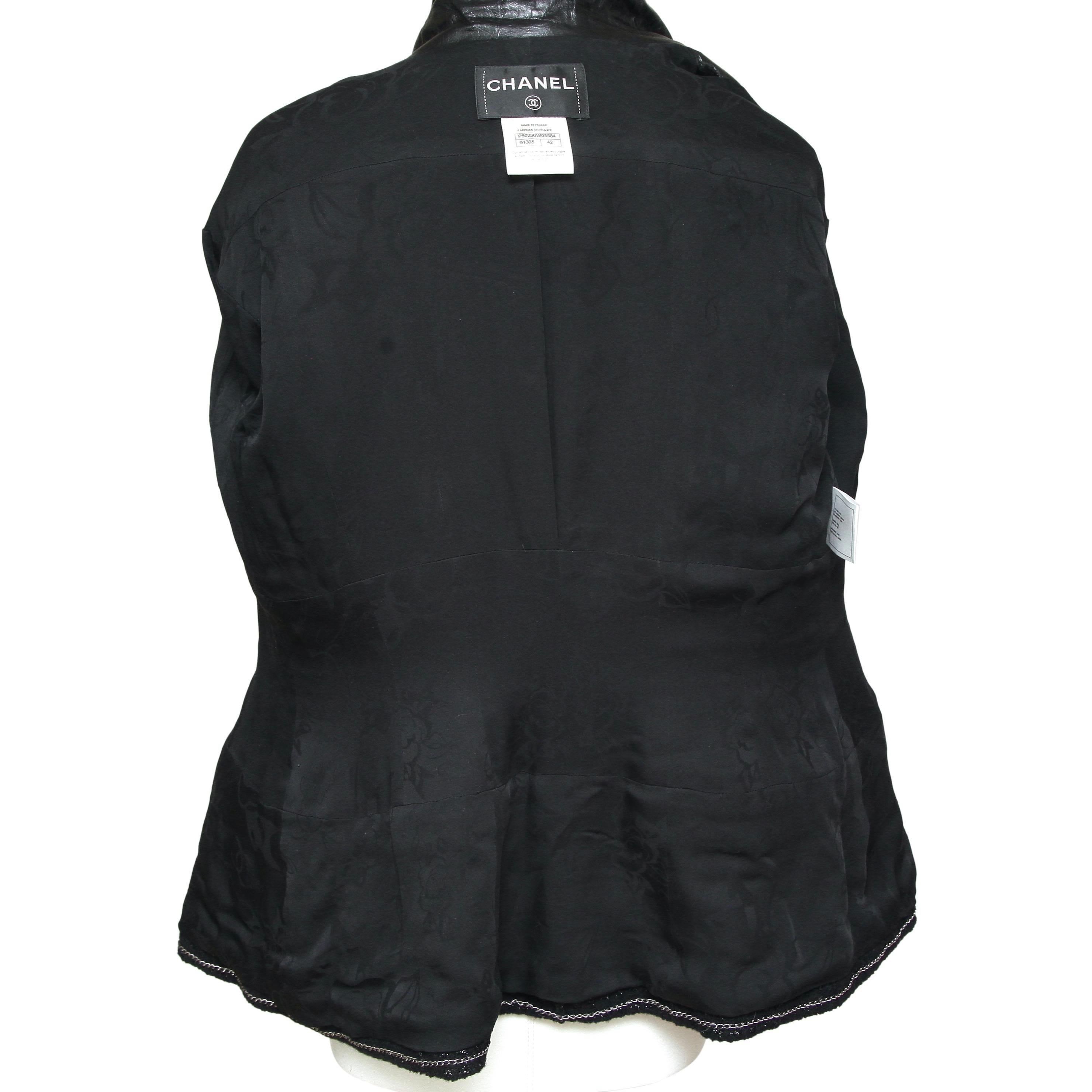 CHANEL Jacket Blazer Coat Tweed Black MetaIlic Leather Silver Chain Sz 42 2014 C For Sale 3