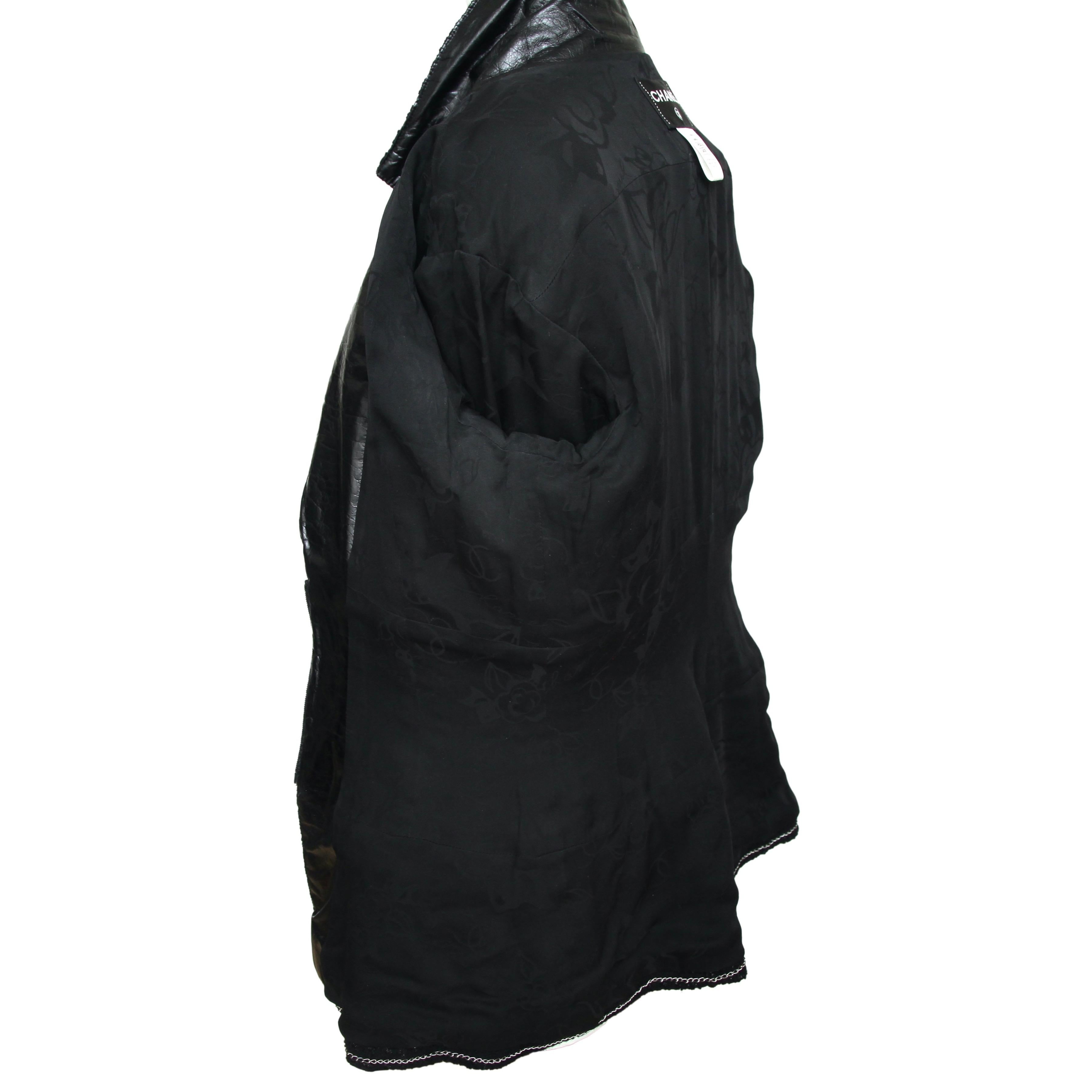 CHANEL Jacket Blazer Coat Tweed Black MetaIlic Leather Silver Chain Sz 42 2014 C For Sale 4