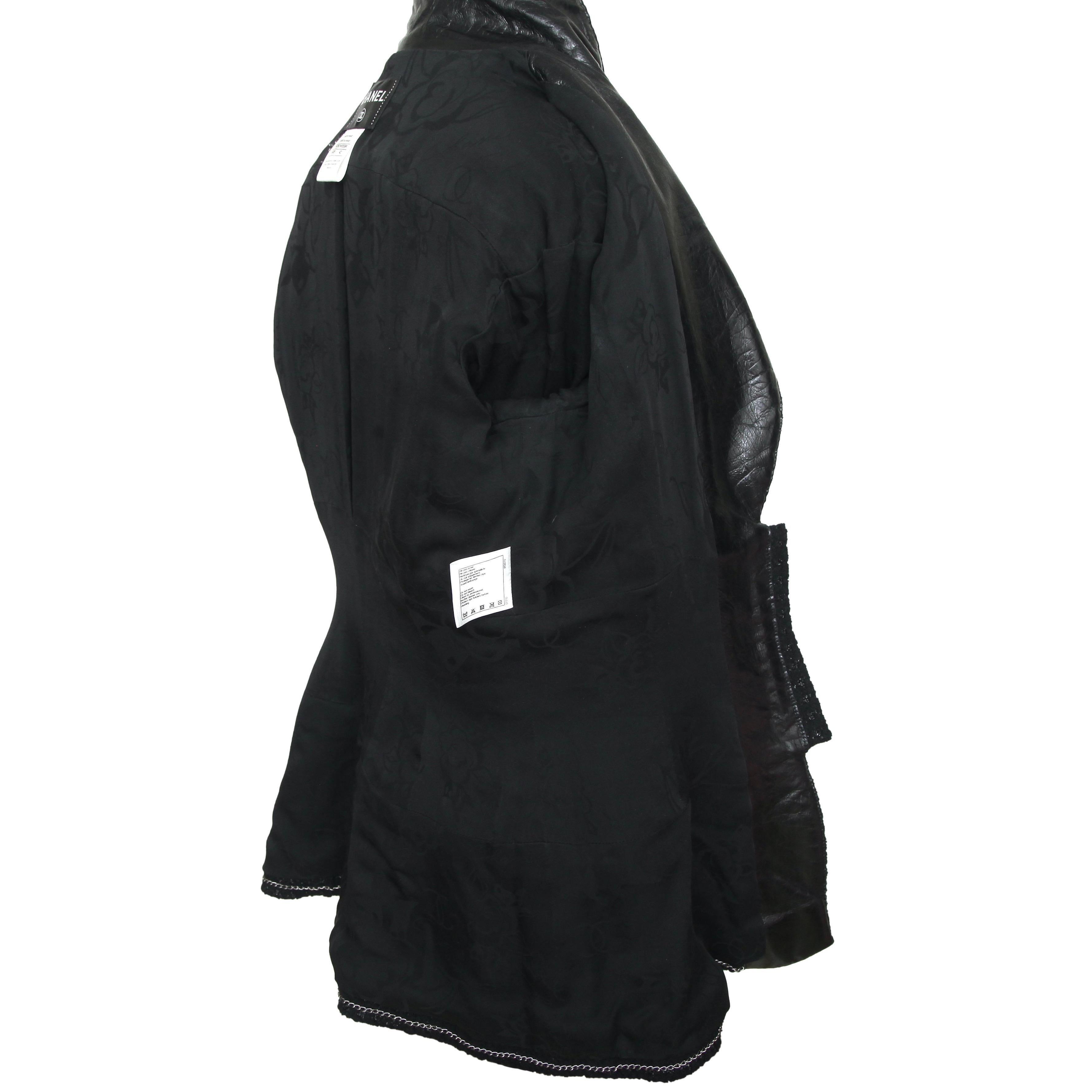 CHANEL Jacket Blazer Coat Tweed Black MetaIlic Leather Silver Chain Sz 42 2014 C For Sale 5