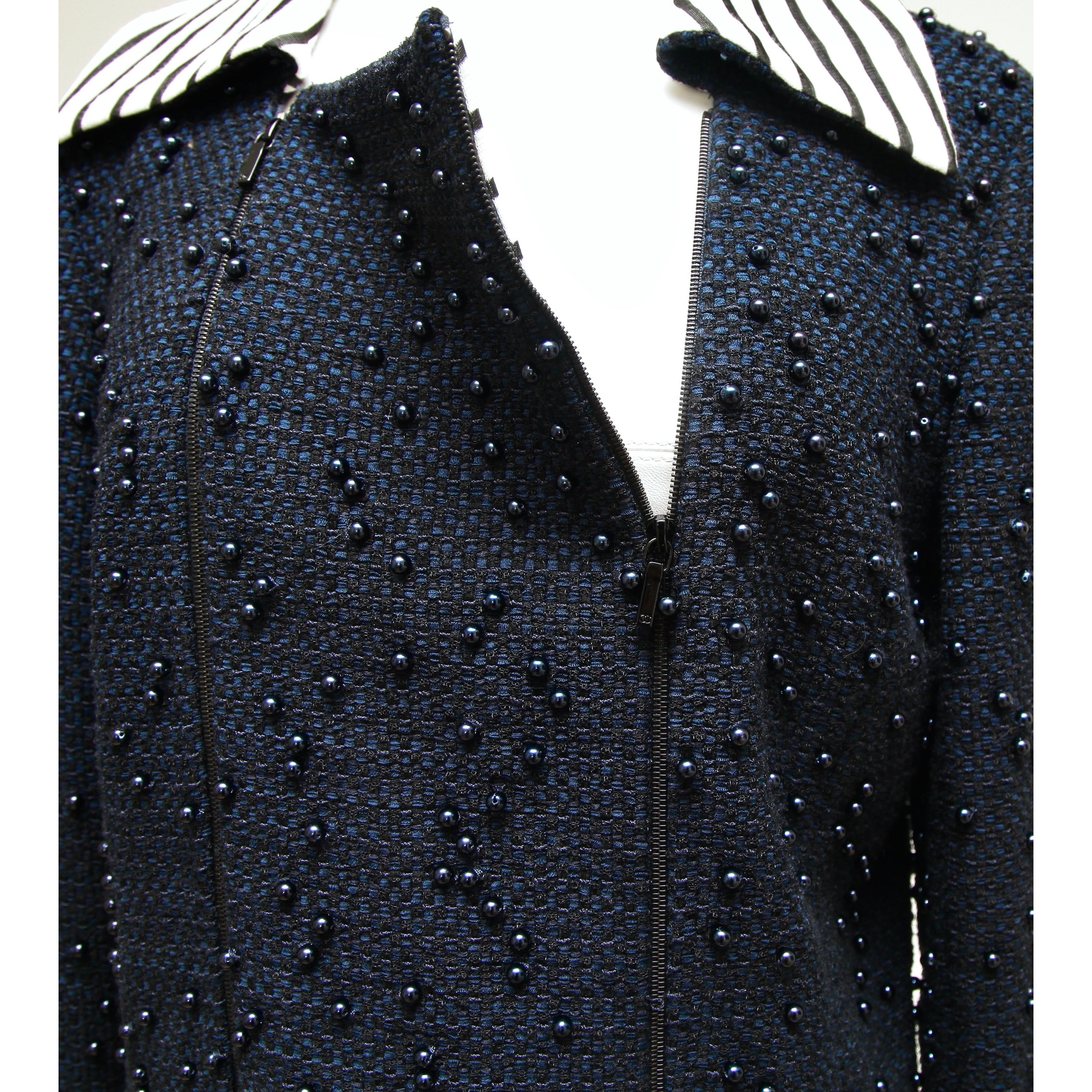 CHANEL Jacket Blazer Coat Tweed Navy Blue Beaded Buttons Zipper 2017 Sz 40 For Sale 1
