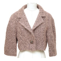 CHANEL Veste Blazer Cropped 2pc Scarf Pink Black Mohair 3/4 Sleeve 40 2014 14B