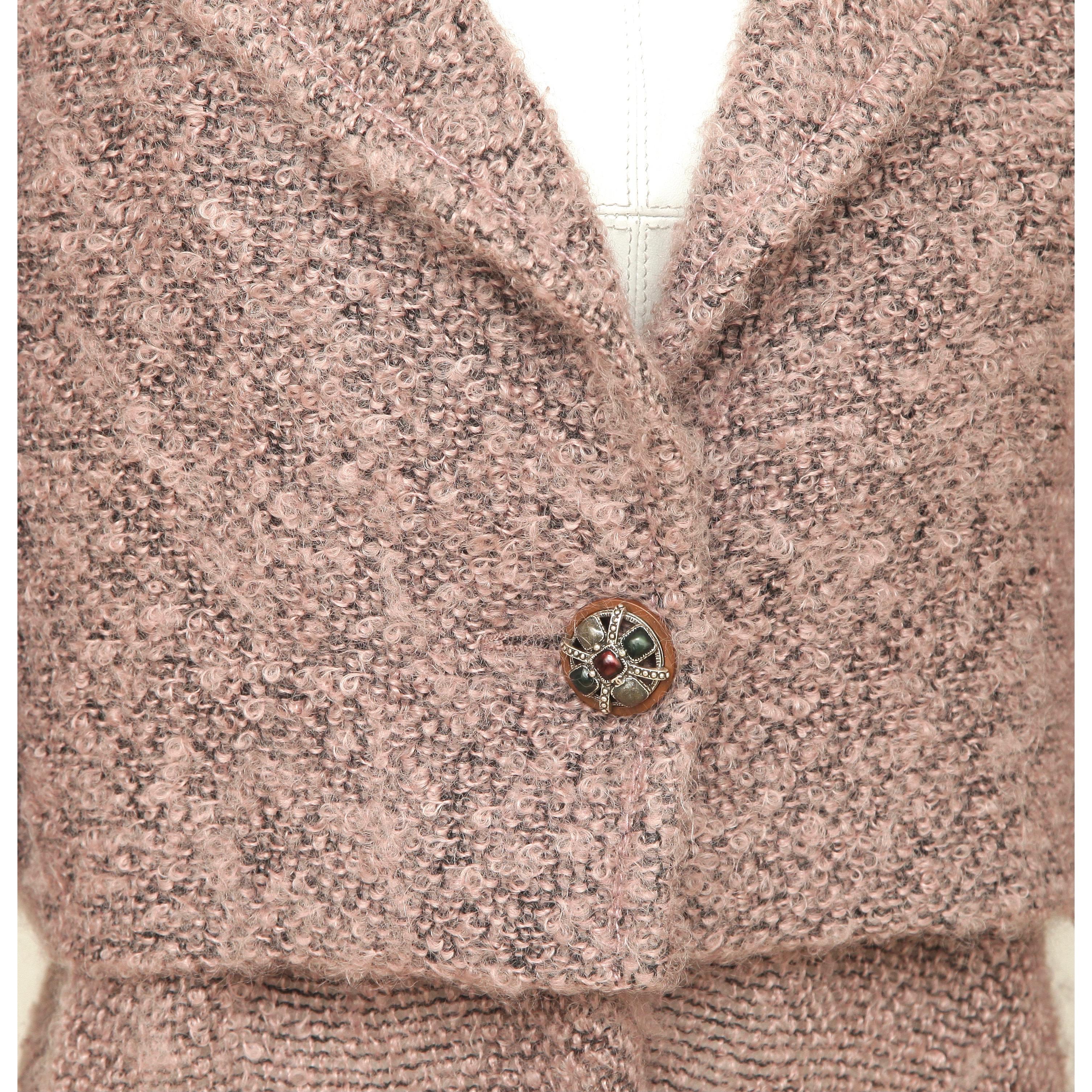 Brown CHANEL Jacket Blazer Cropped 2pc Scarf Pink Black Mohair 3/4 Sleeve 40 2014 14B For Sale