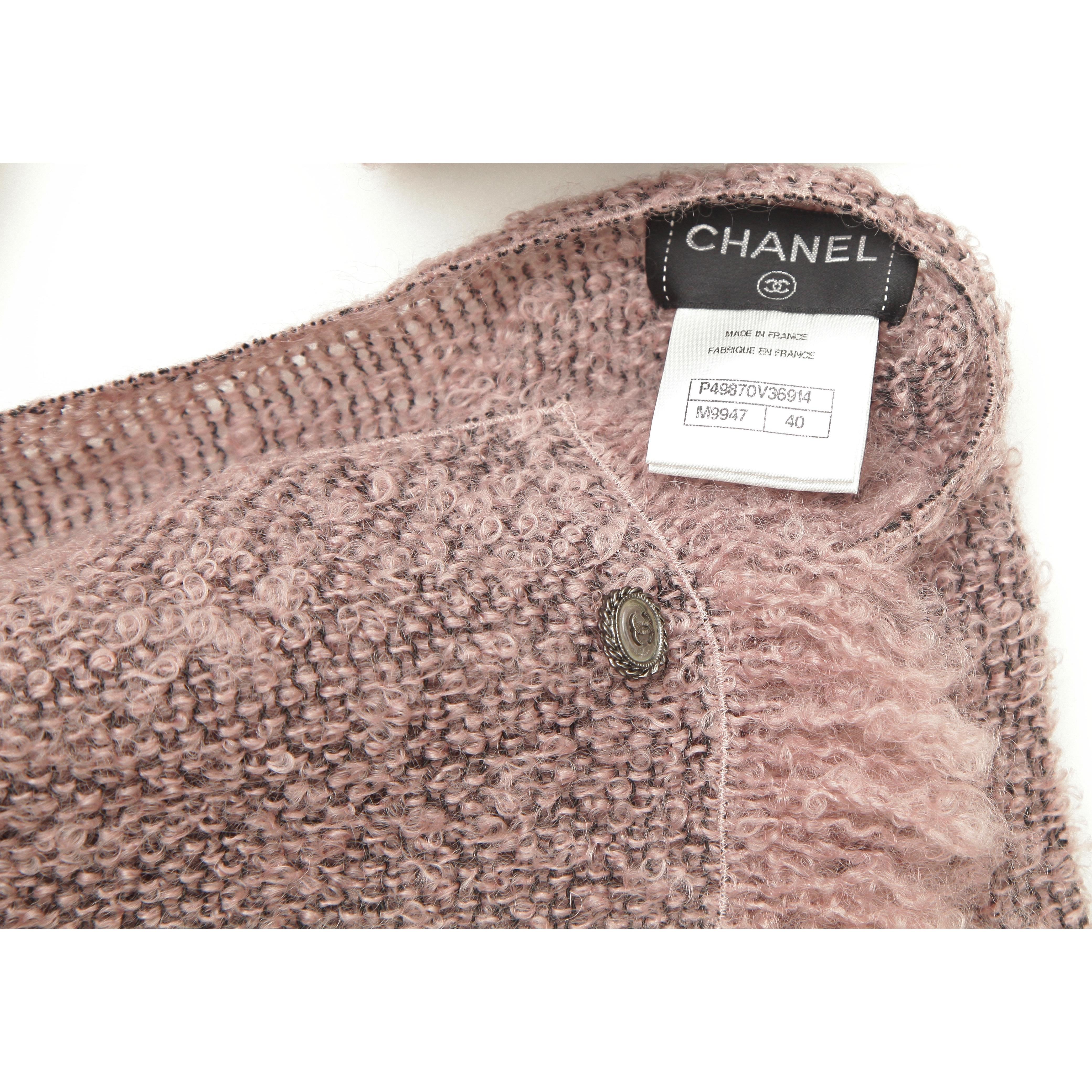 CHANEL Veste Blazer Cropped 2pc Scarf Pink Black Mohair 3/4 Sleeve 40 2014 14B en vente 3