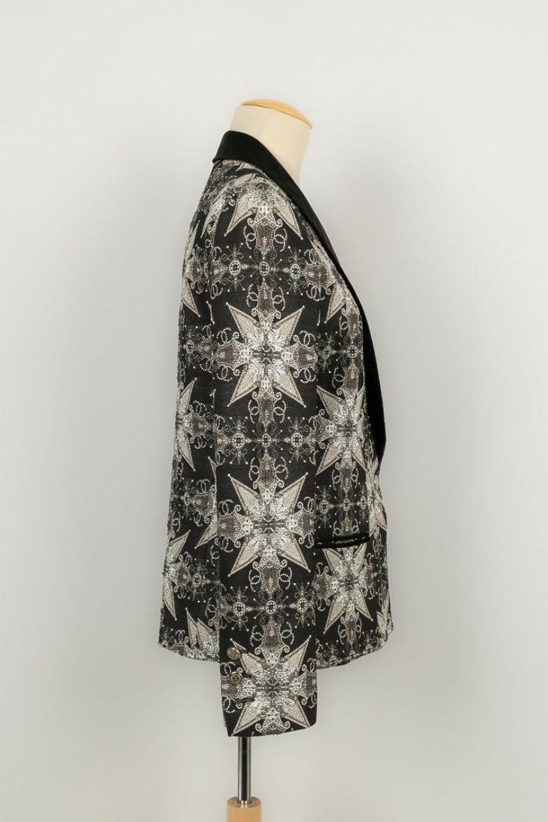 Veste Chanel en brocart de soie noir et Silver Excellent état - En vente à SAINT-OUEN-SUR-SEINE, FR
