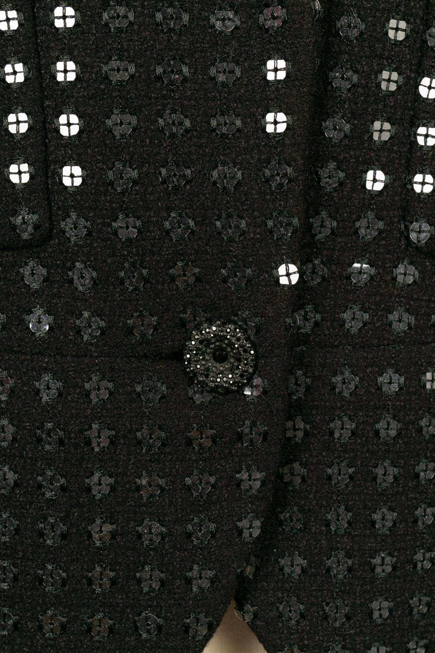 Veste Chanel en laine noire cousue avec des sequins transparents, 2002 en vente 2