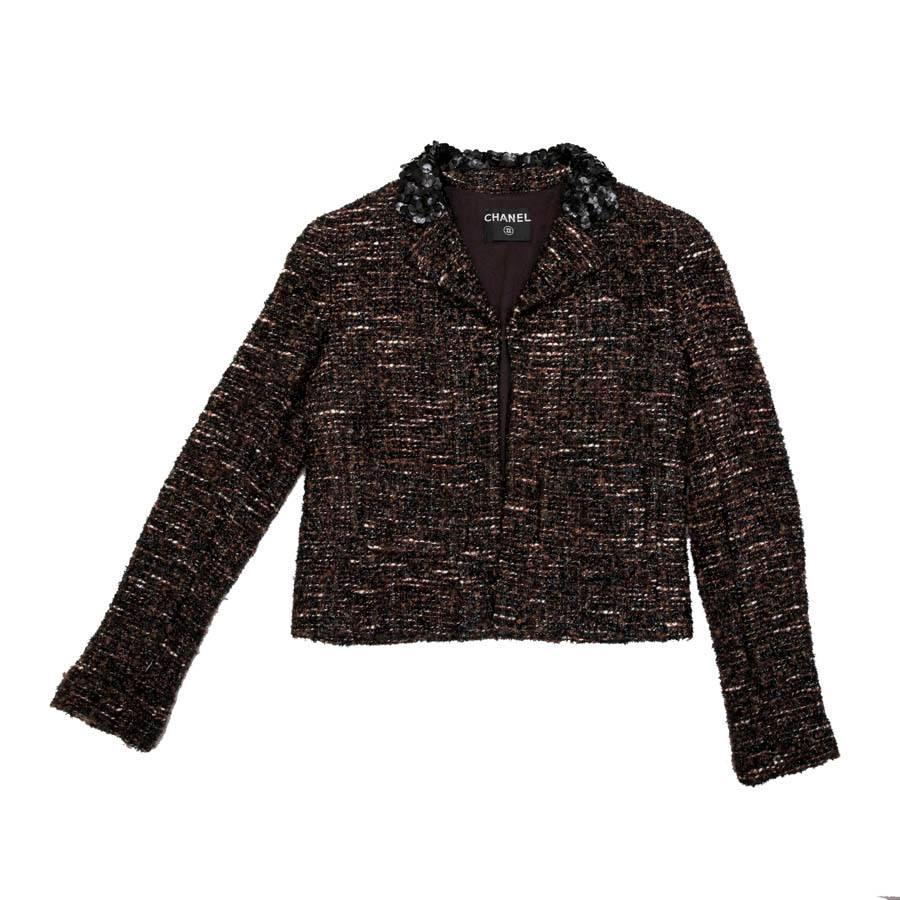 Chanel Brown Black and White Tweed Jacket with Black Shiny Threads  For Sale