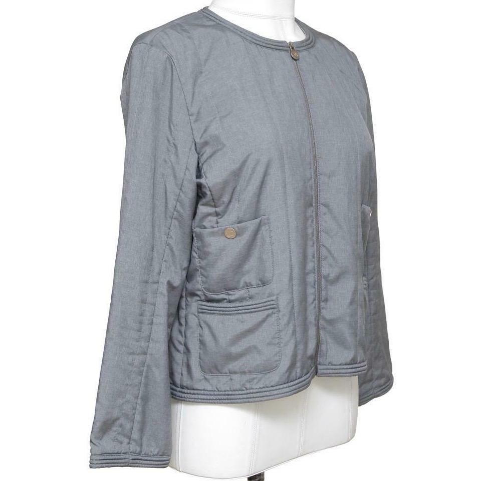 Gray CHANEL Jacket Quilted Collarless Grey Blue Zipper Front Sz 40 Spring 2013