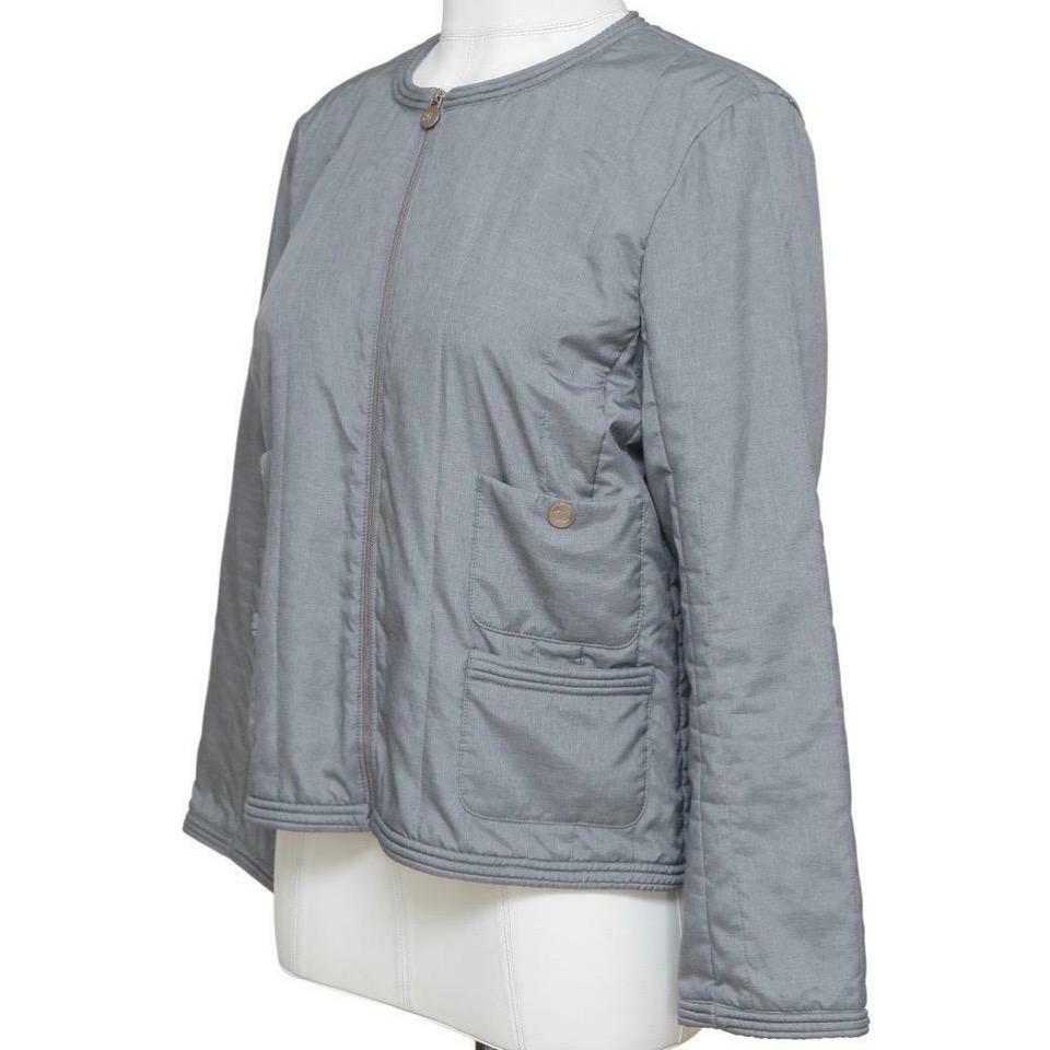 CHANEL Jacket Quilted Collarless Grey Blue Zipper Front Sz 40 Spring 2013 In Excellent Condition In Hollywood, FL