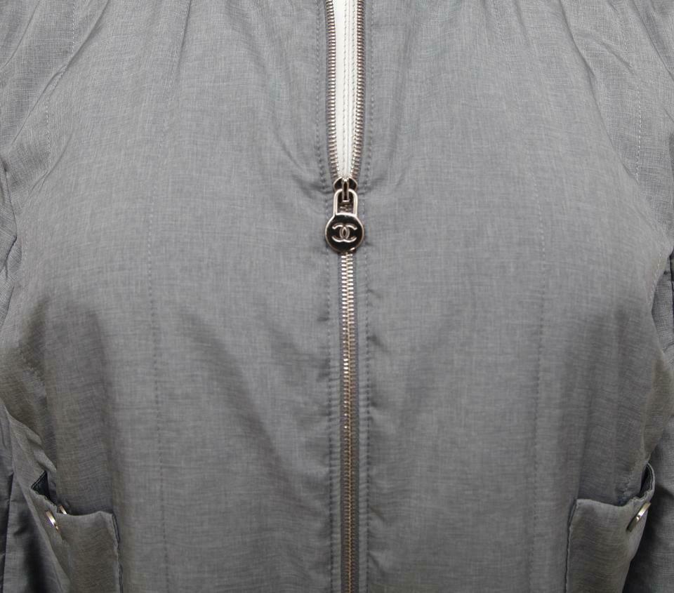 Women's CHANEL Jacket Quilted Collarless Grey Blue Zipper Front Sz 40 Spring 2013