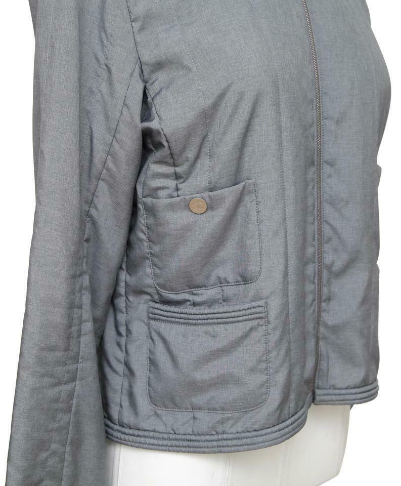 CHANEL Jacket Quilted Collarless Grey Blue Zipper Front Sz 40 Spring 2013 1