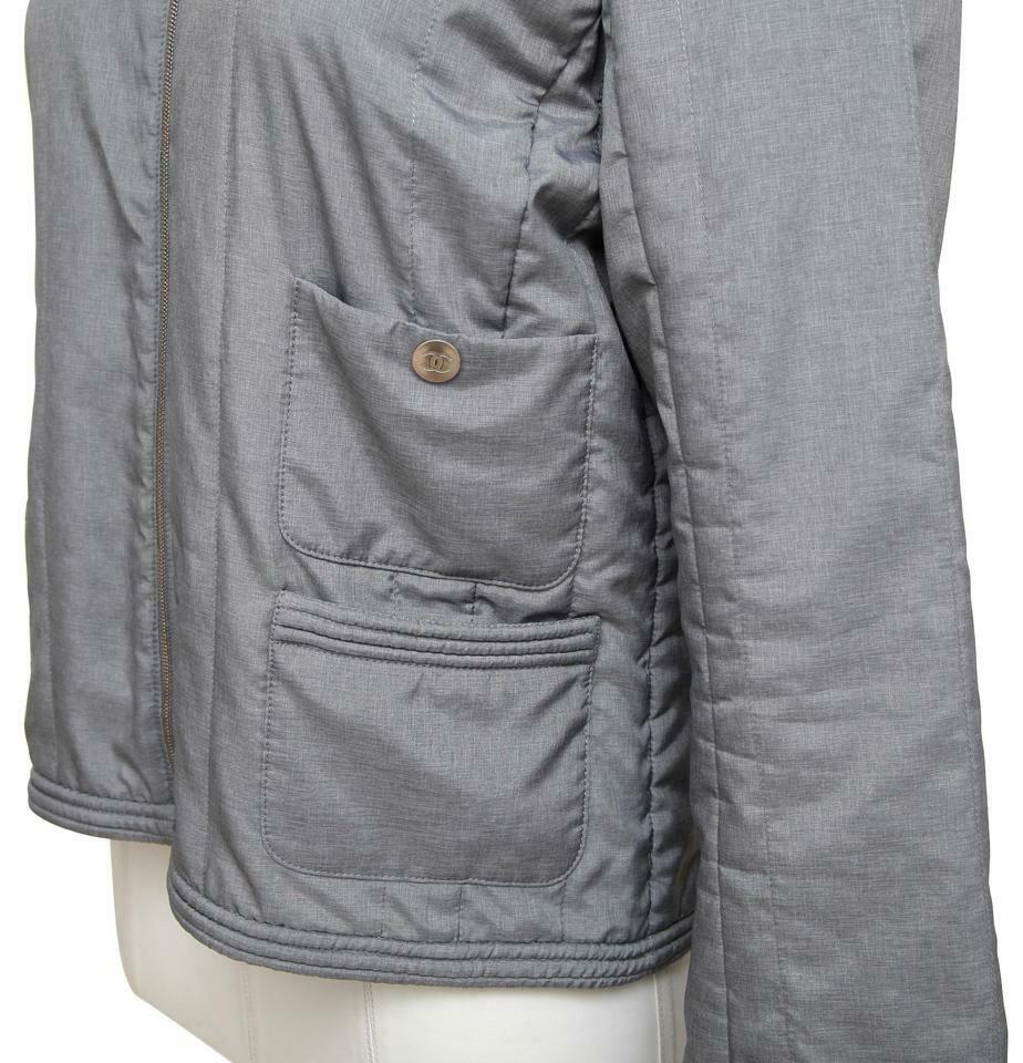 CHANEL Jacket Quilted Collarless Grey Blue Zipper Front Sz 40 Spring 2013 2